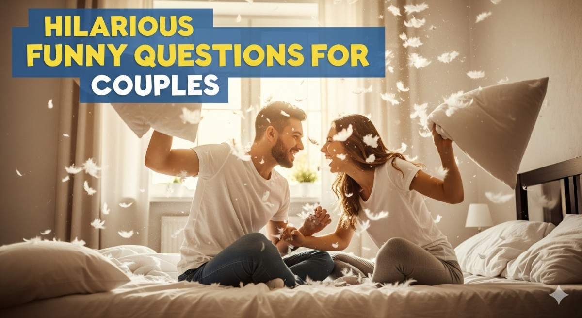 A couple laughing hysterically while playing a question game for couples.