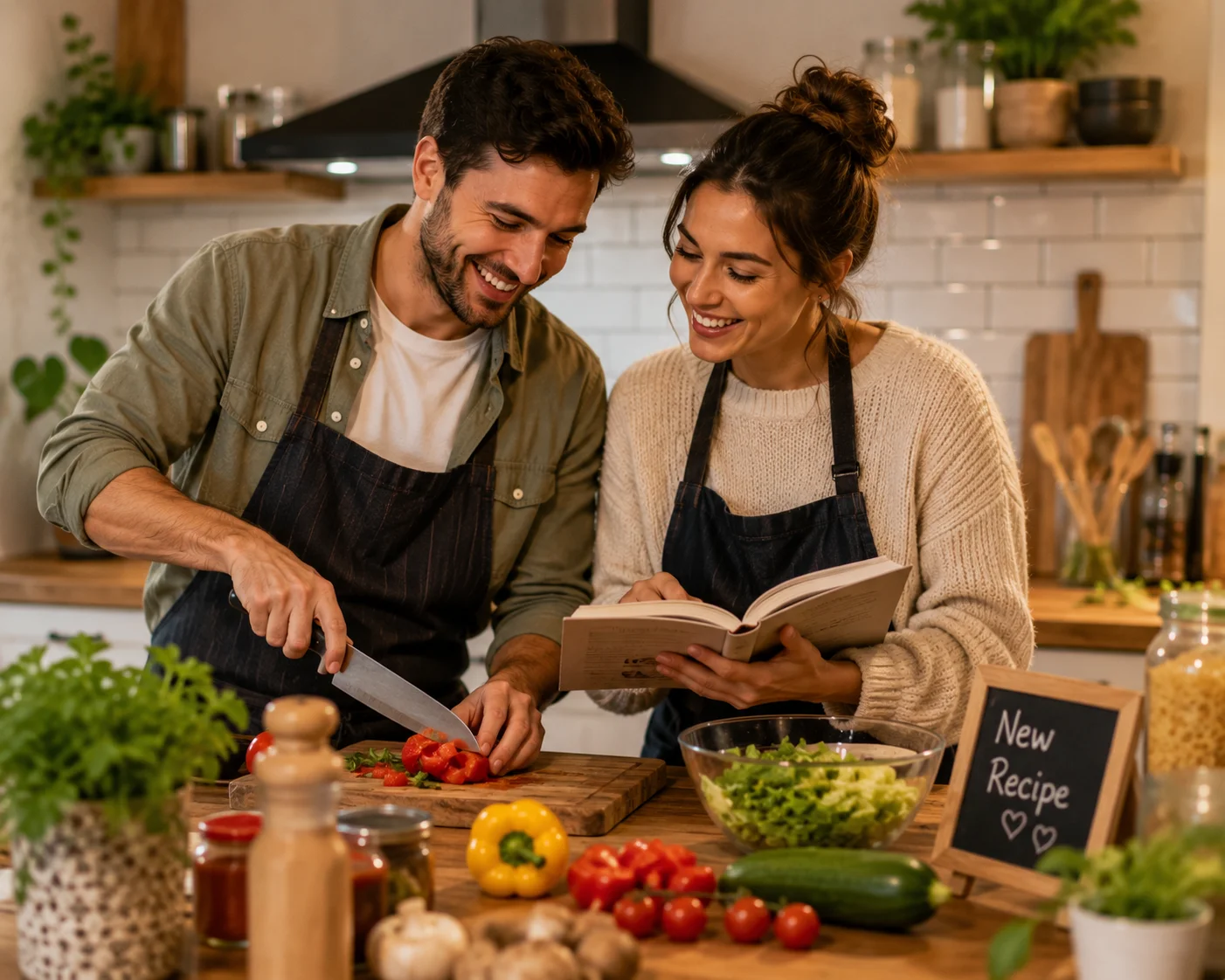 Couple cooking a new recipe together in the kitchen