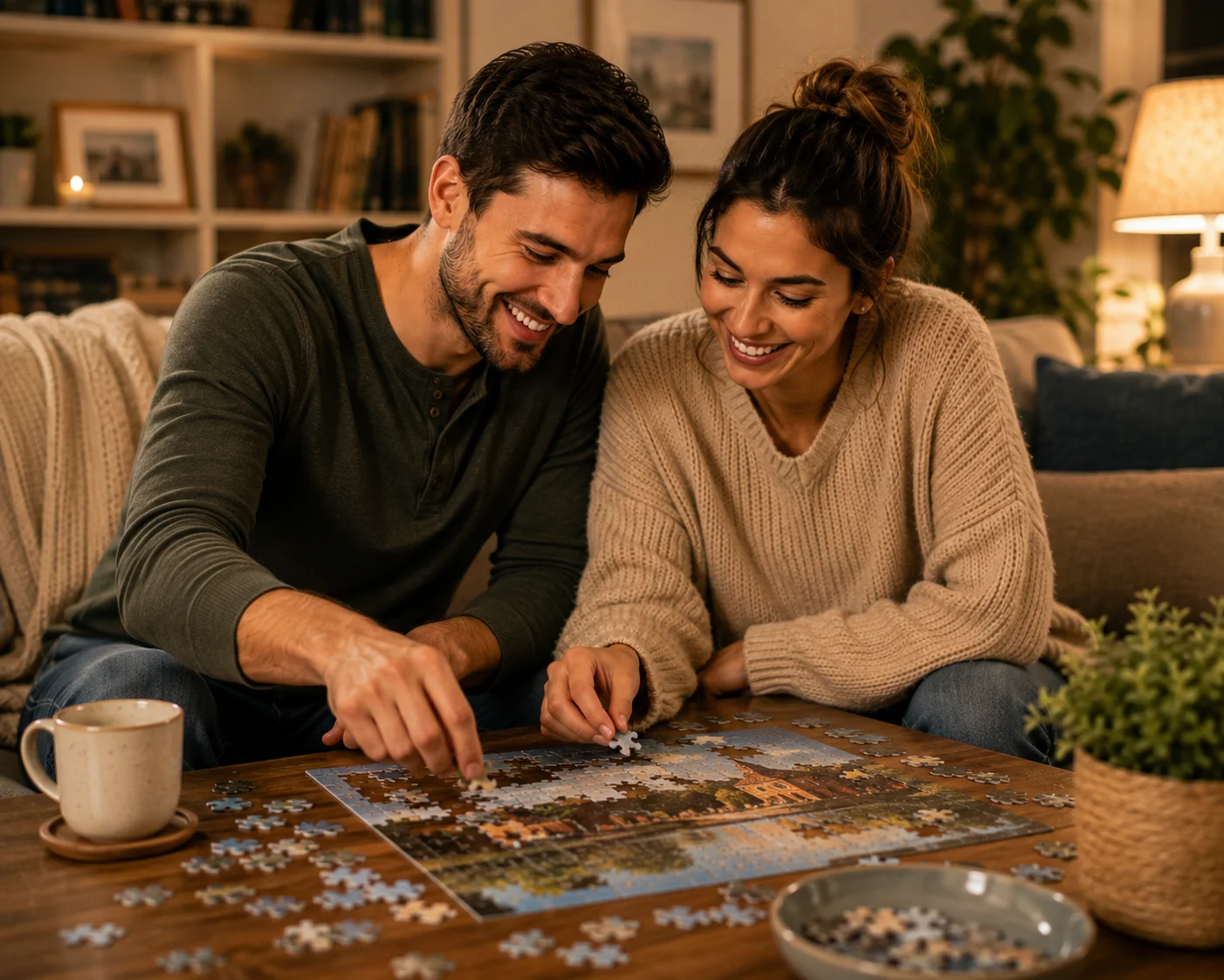 Couple doing a jigsaw puzzle together on the living room table