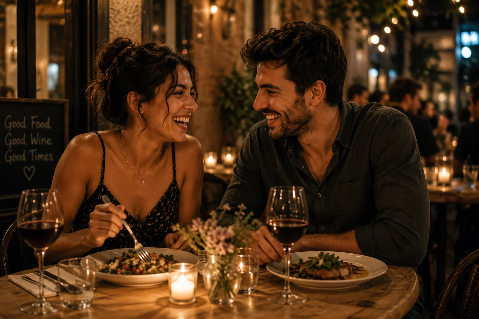 Couple laughing together over dinner at a small restaurant table