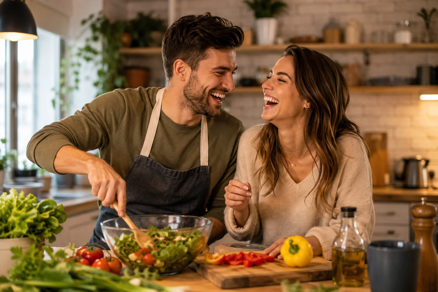 Couple laughing together while cooking a meal at home