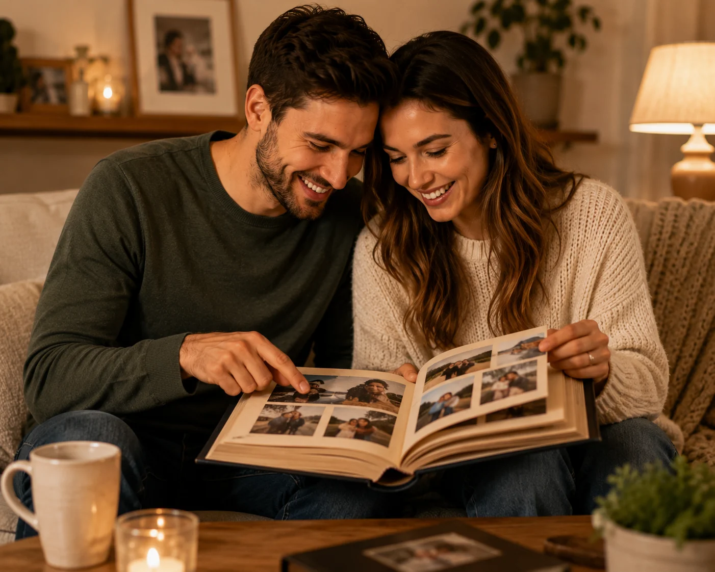 Couple looking at a physical photo album together