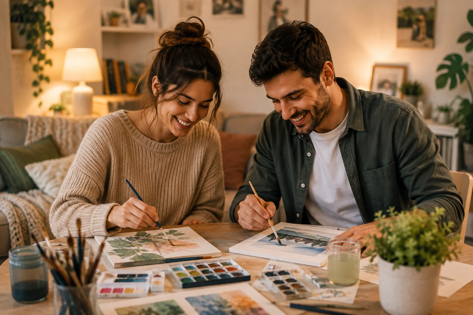 Couple painting together at a small table in their living room