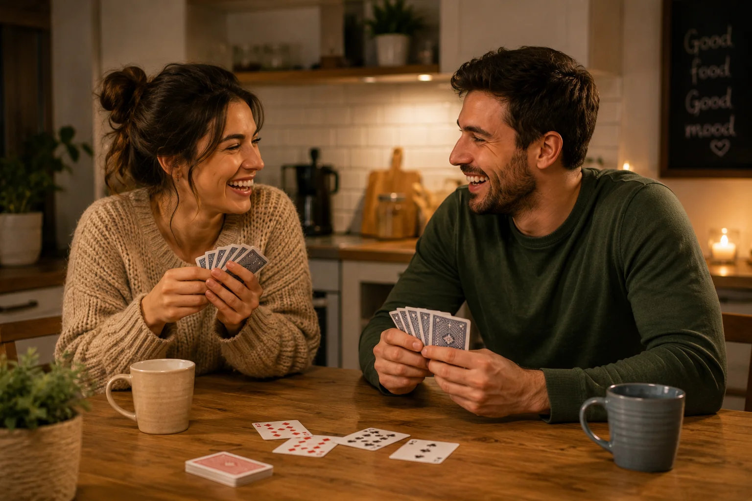 Couple playing a card game together at a kitchen table