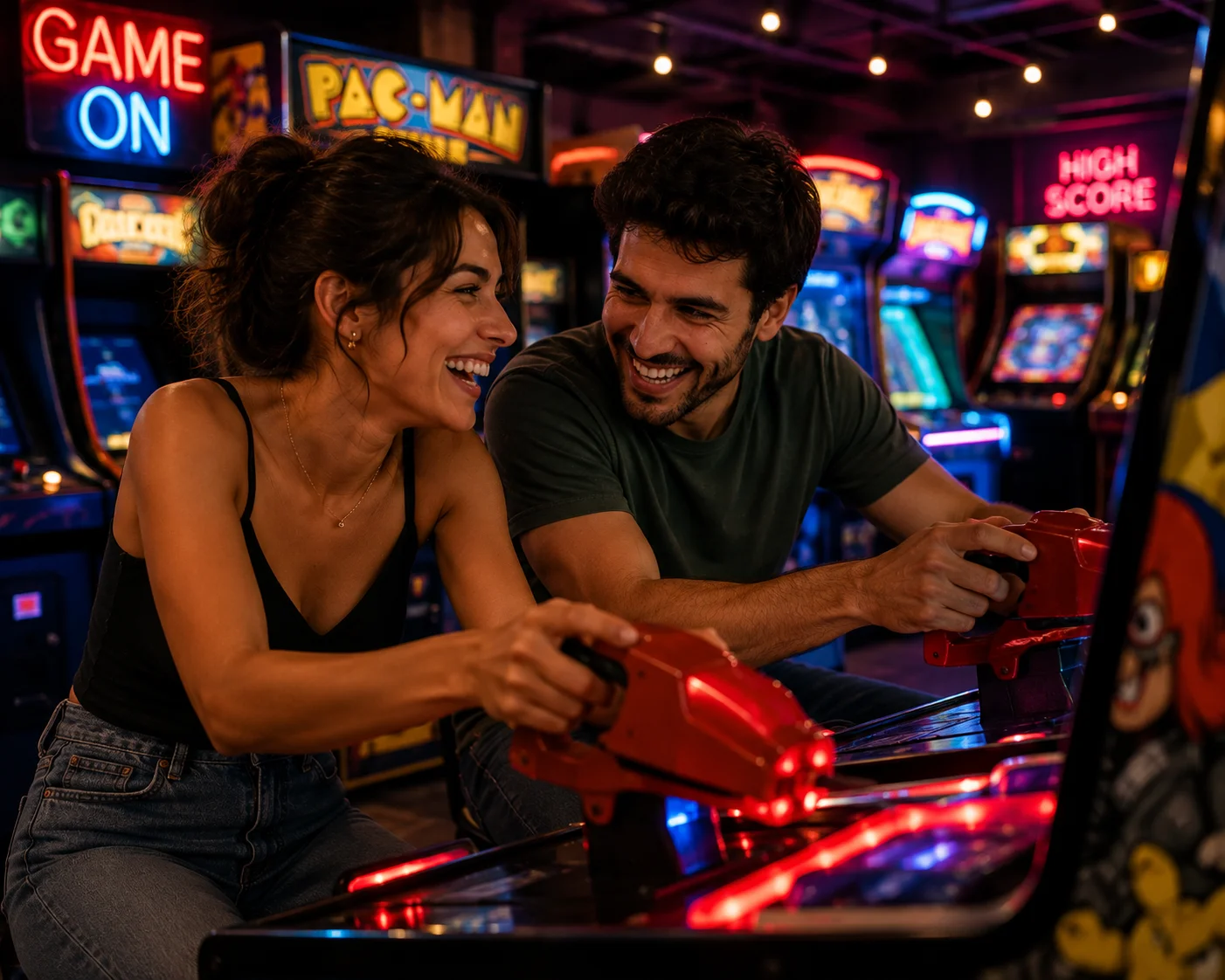 Couple playing arcade games together