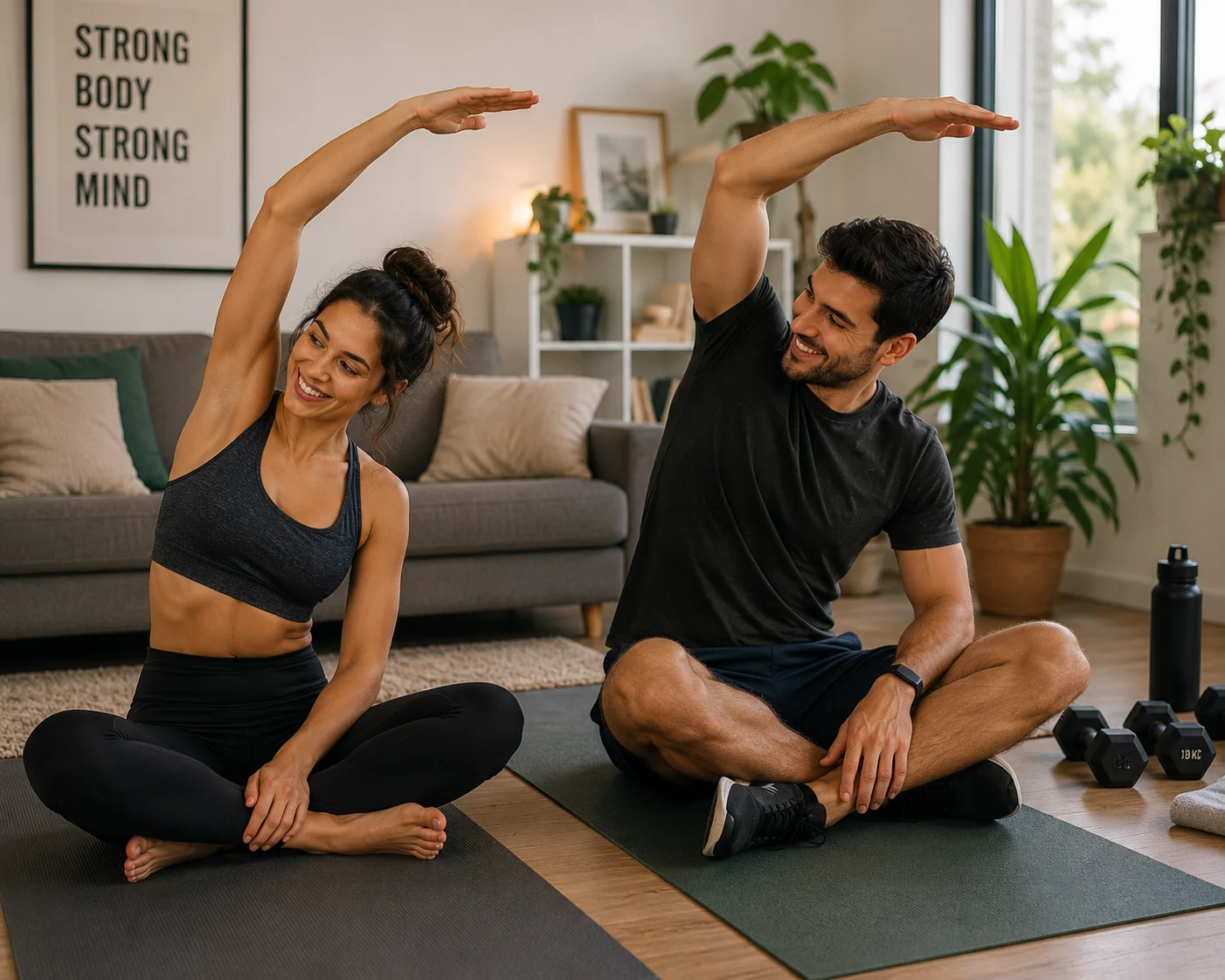 Couple stretching together during a home workout