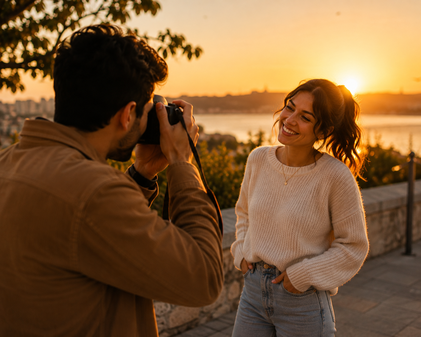 Couple taking a photo of each other outdoors during golden hour