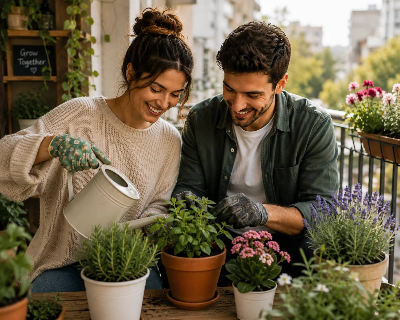 Couple tending to potted plants on a balcony