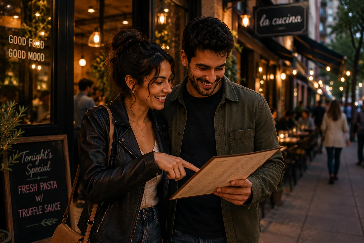 Couple trying a new restaurant neighborhood