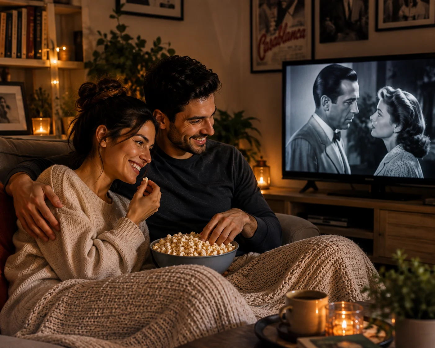 Couple watching a classic film together with popcorn
