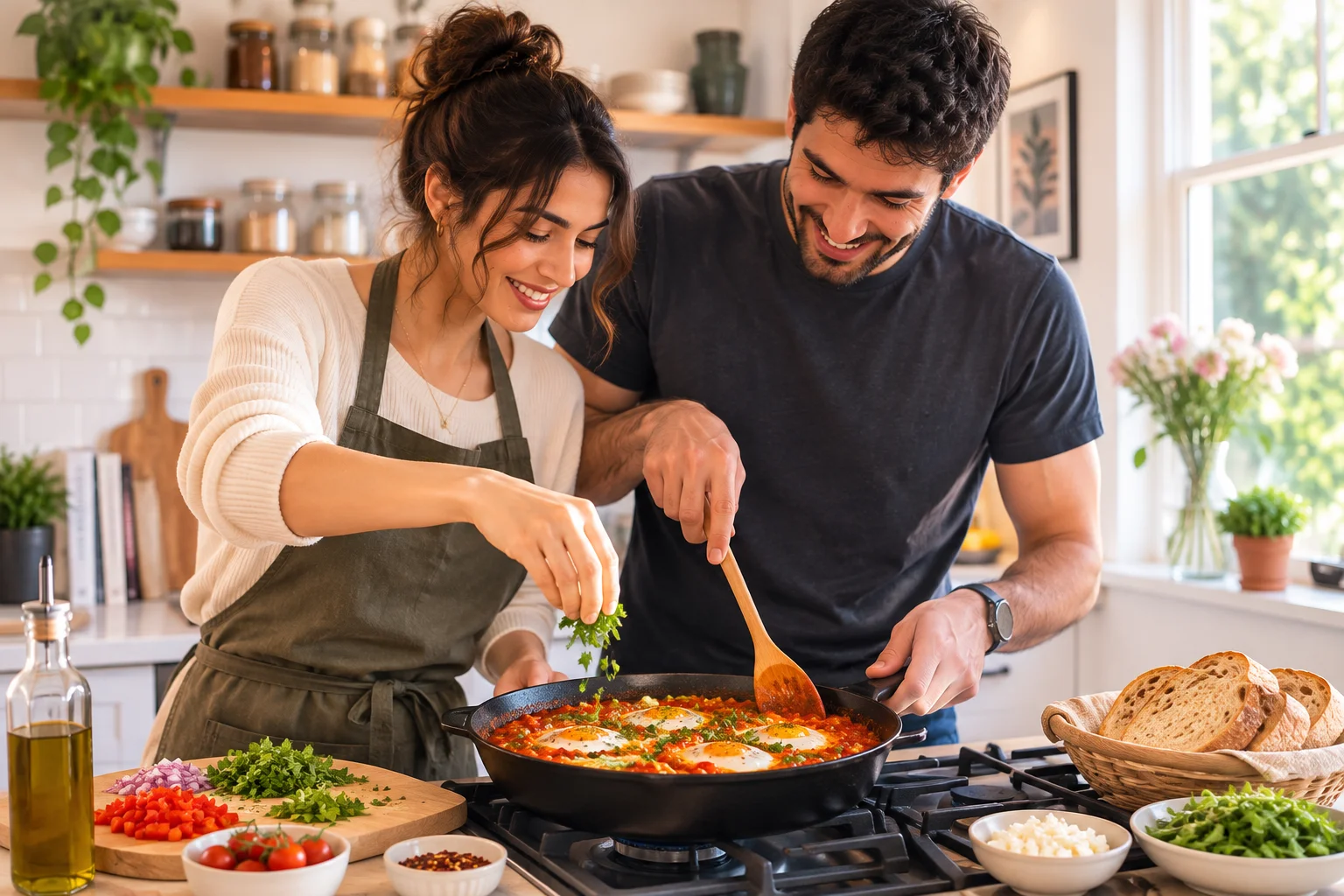 Couple assembling a shakshuka breakfast together