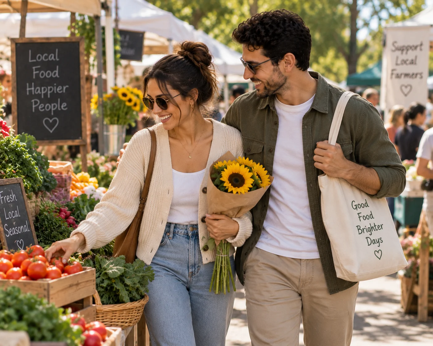 Couple browsing stalls at an outdoor farmers market