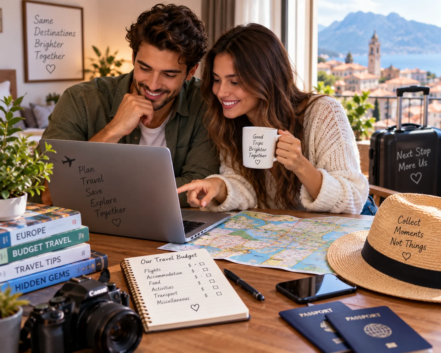 Couple checking a travel budget on a laptop with a map spread out nearby