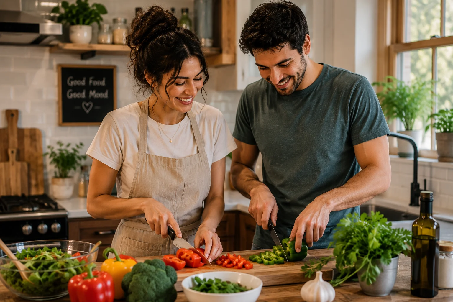 Couple chopping vegetables together at a kitchen counter