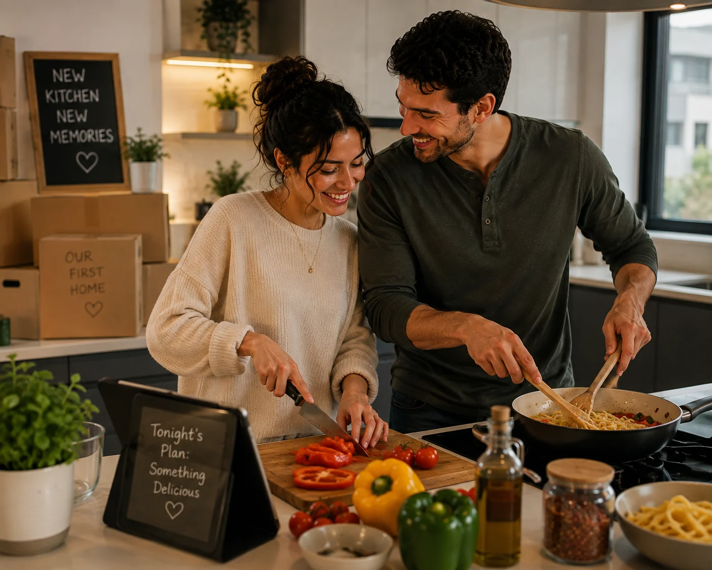 Couple cooking a meal together for the first time in a new kitchen