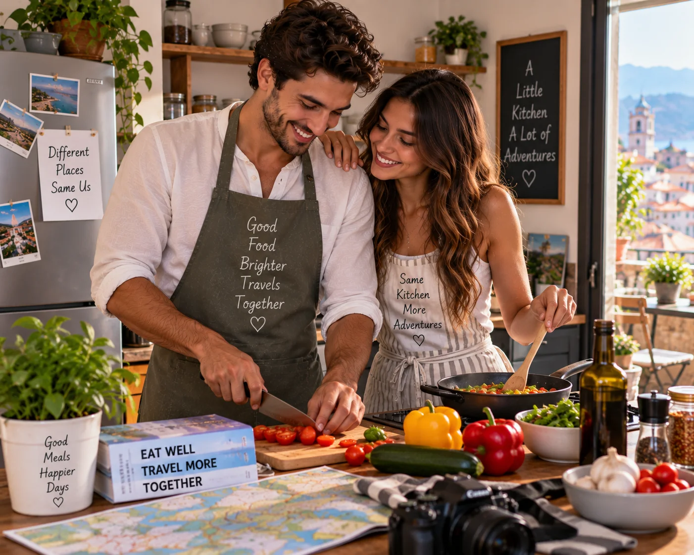 Couple cooking a simple meal in a rented apartment kitchen