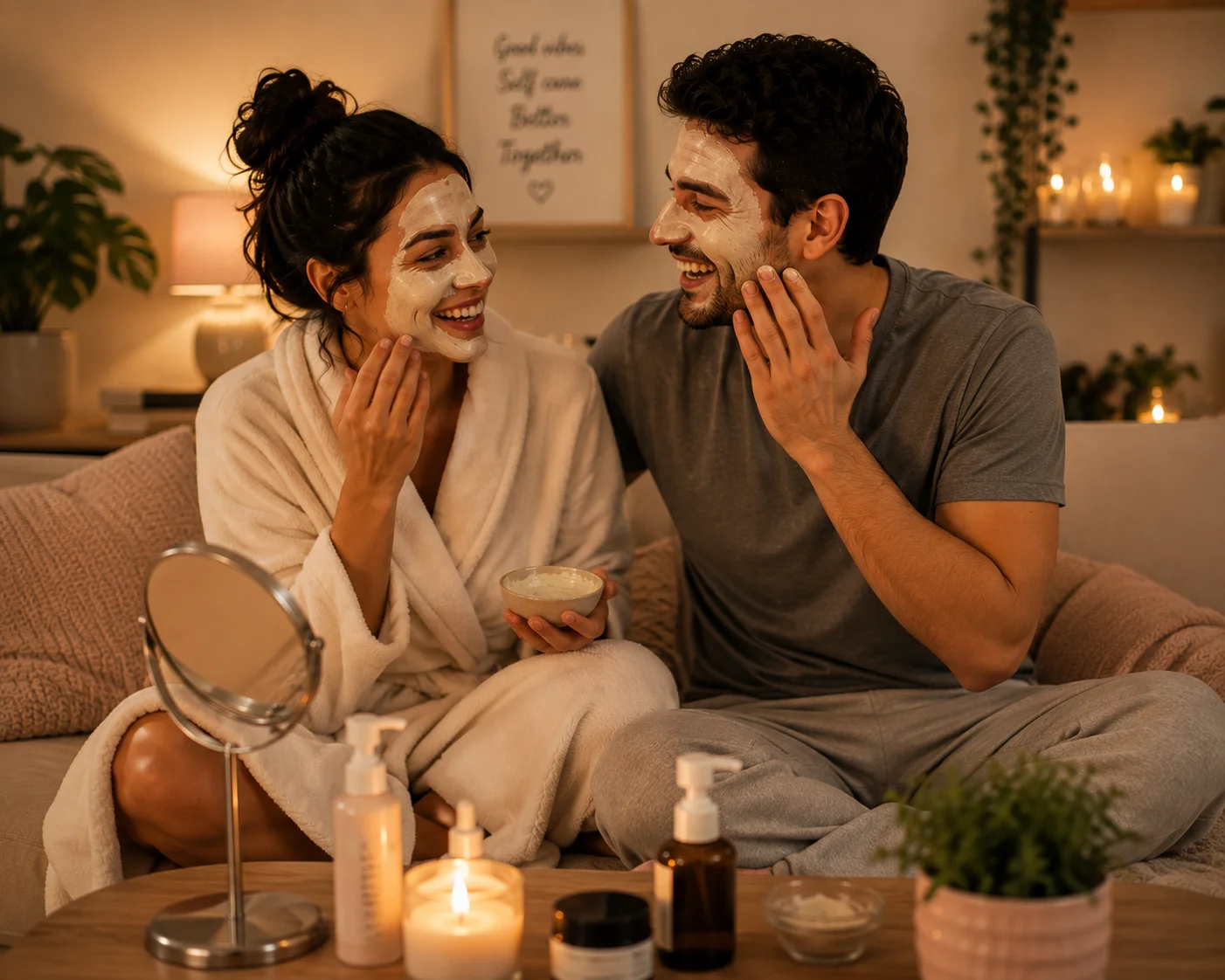 Couple doing a face mask together and laughing
