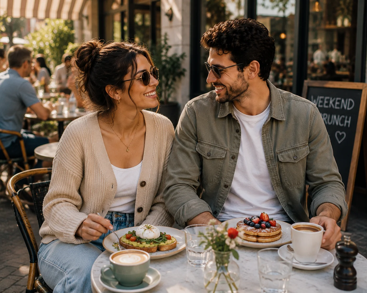 Couple dressed casually for a weekend brunch date