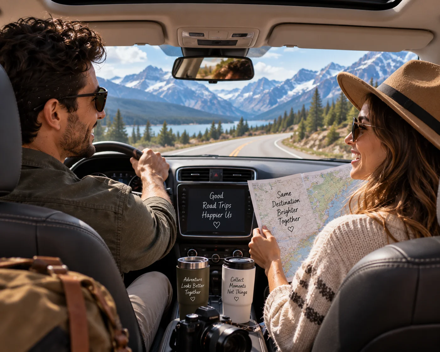 Couple driving together on a road trip with mountains in the background
