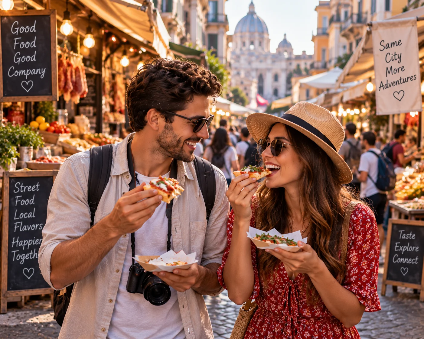Couple eating street food in a bustling city market