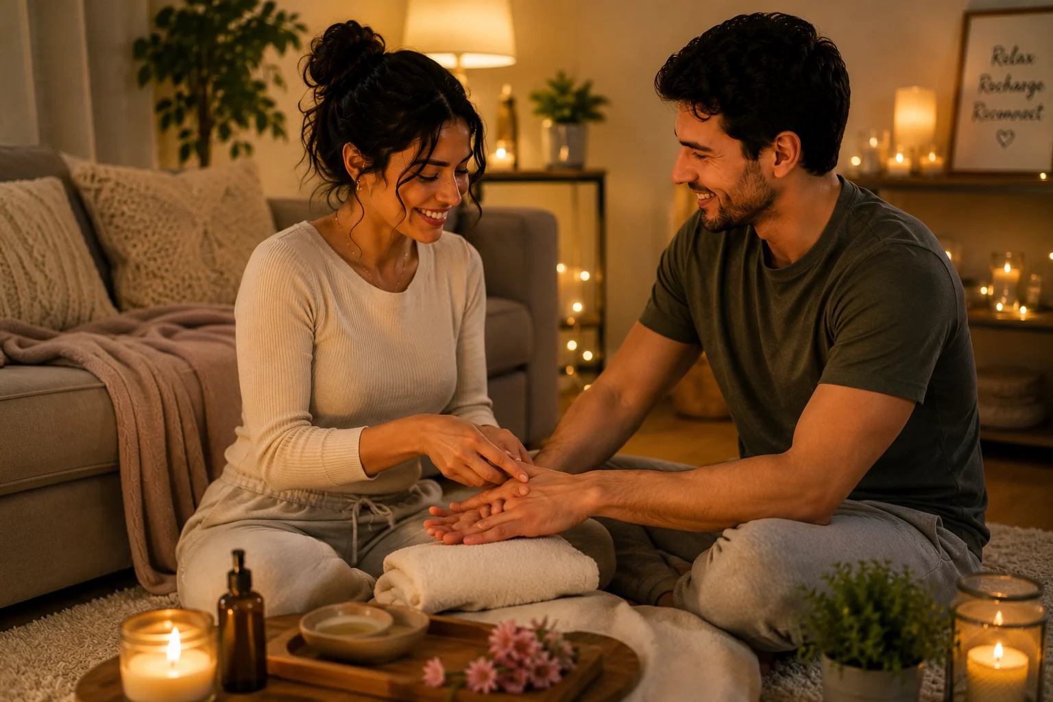 Couple giving each other a hand massage at home