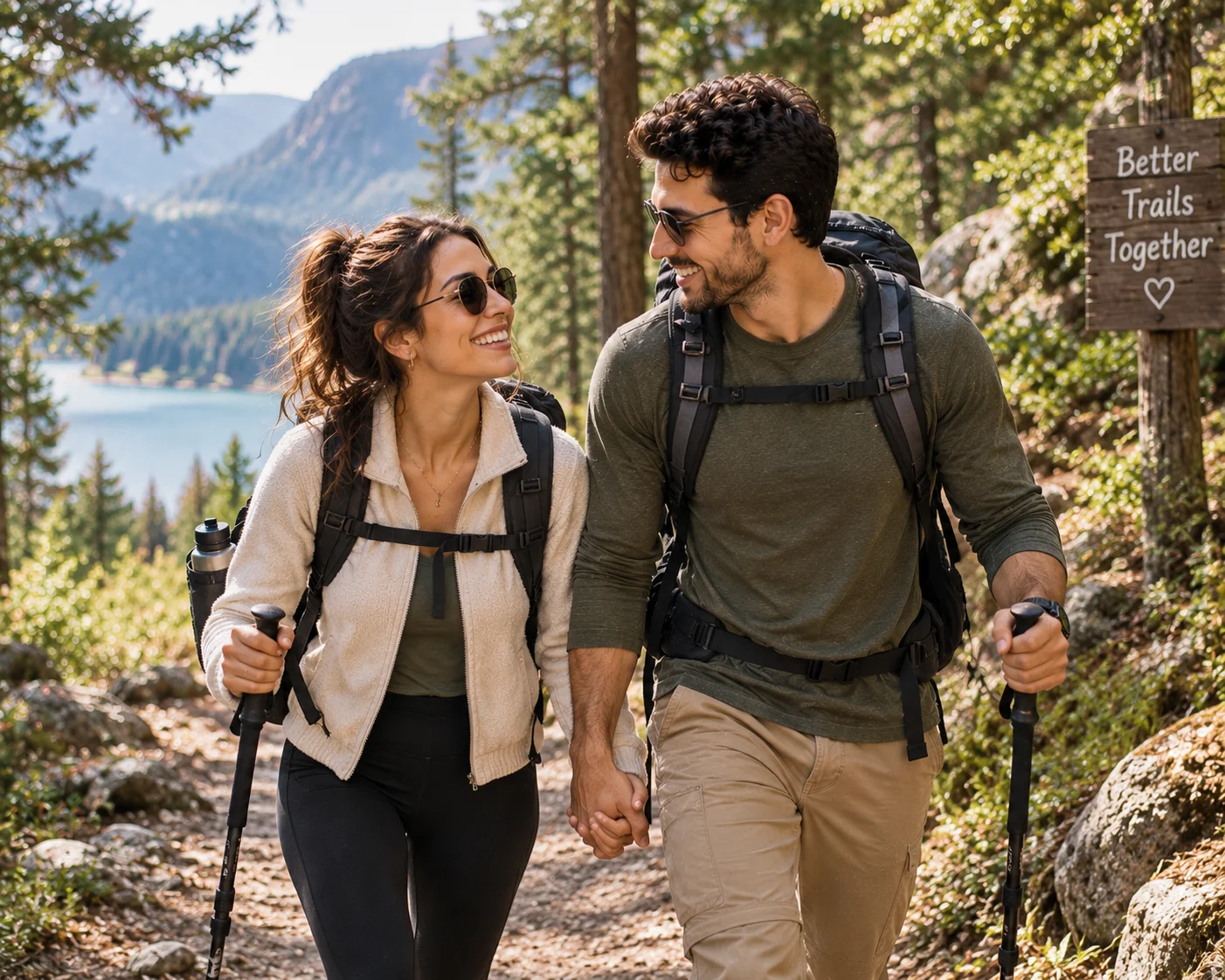 Couple hiking together on a wooded trail