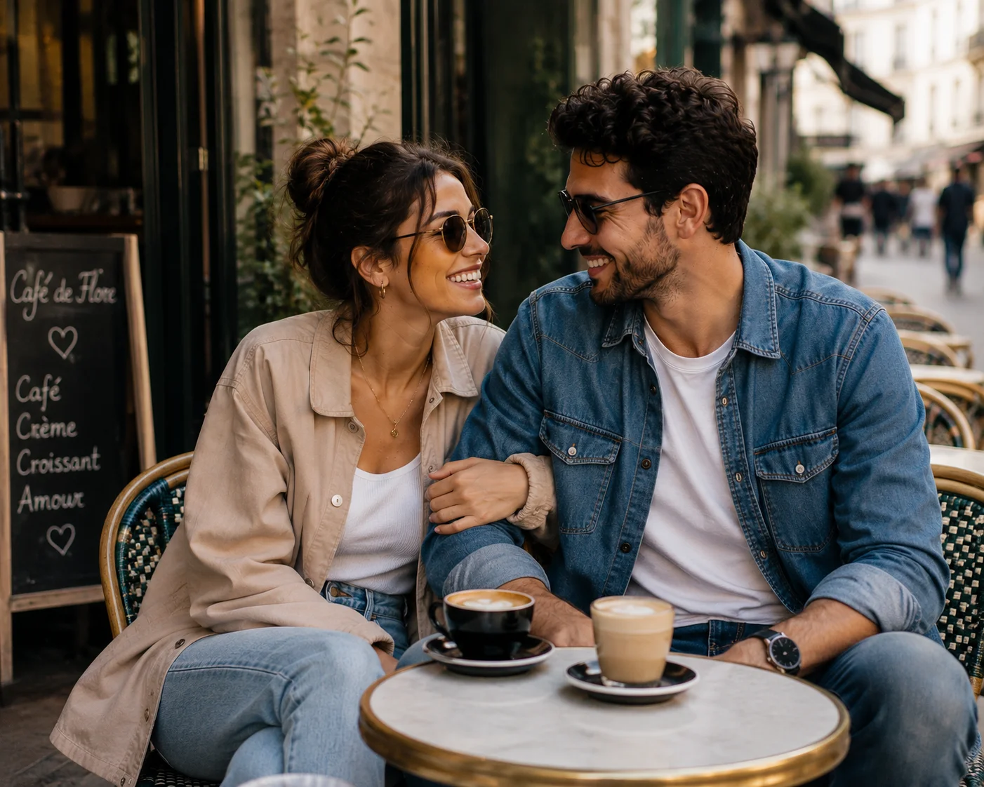 Couple in denim and neutral tones sitting at an outdoor cafe