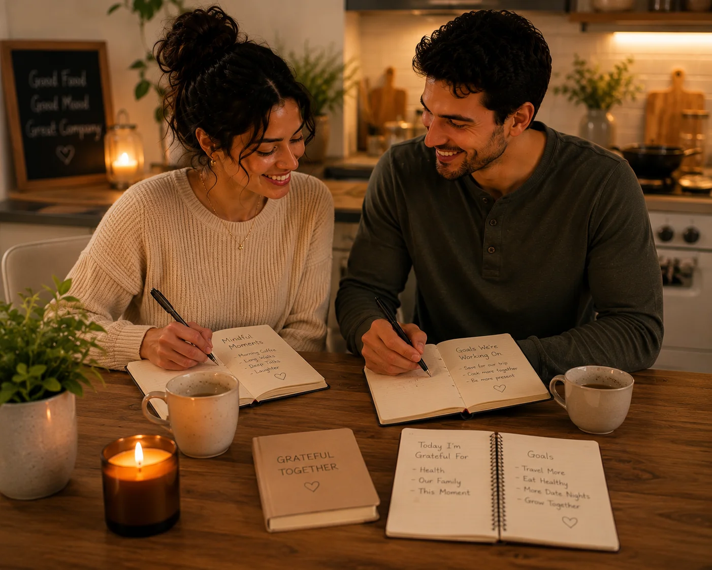 Couple journaling together at a kitchen table