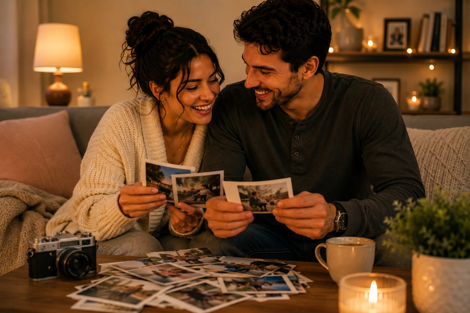 Couple laughing while looking through printed photos together