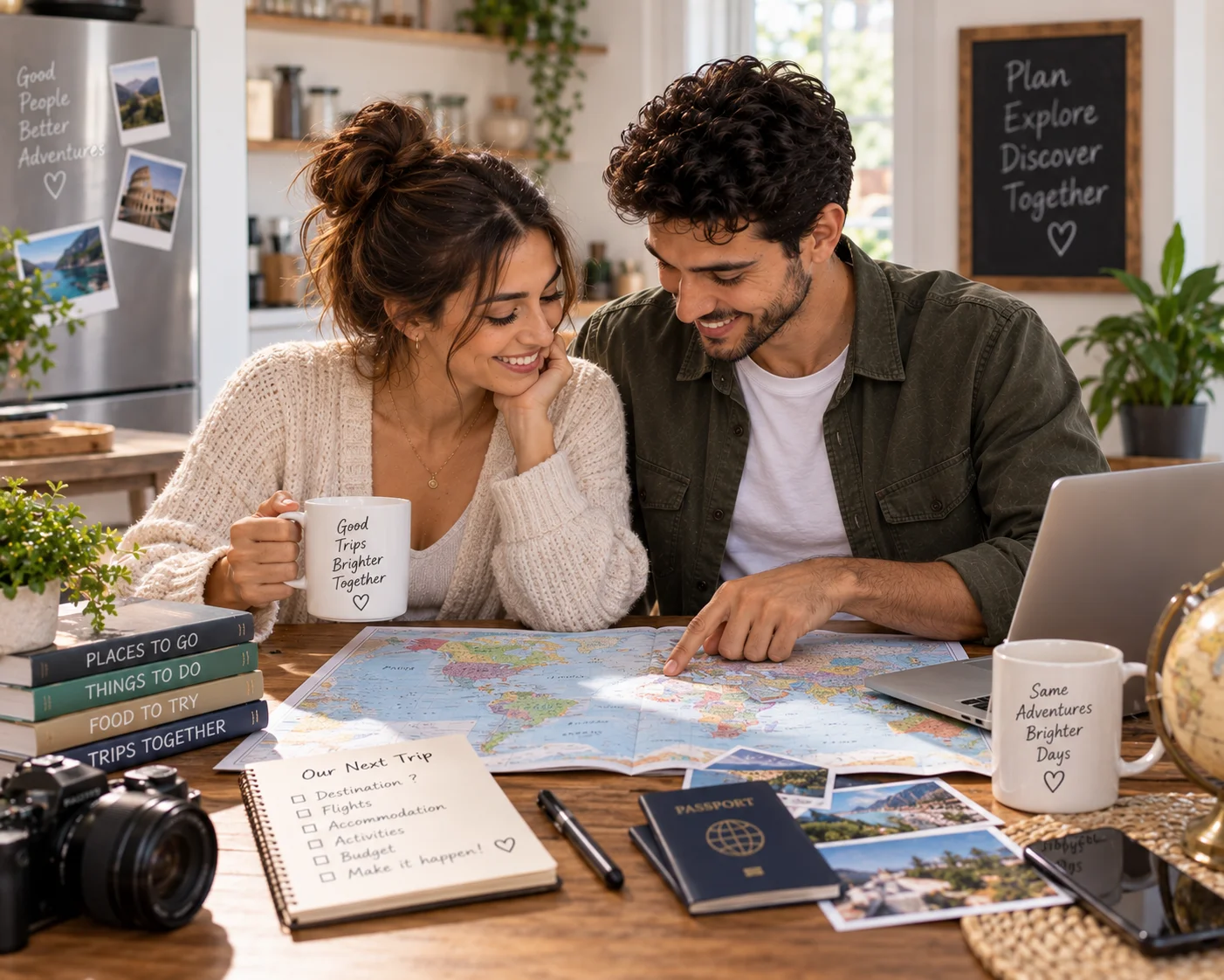 Couple looking at a map and planning a trip together at a kitchen table