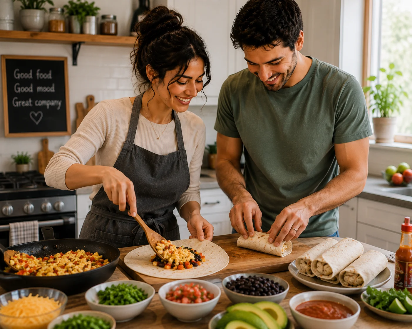 Couple making breakfast burritos together