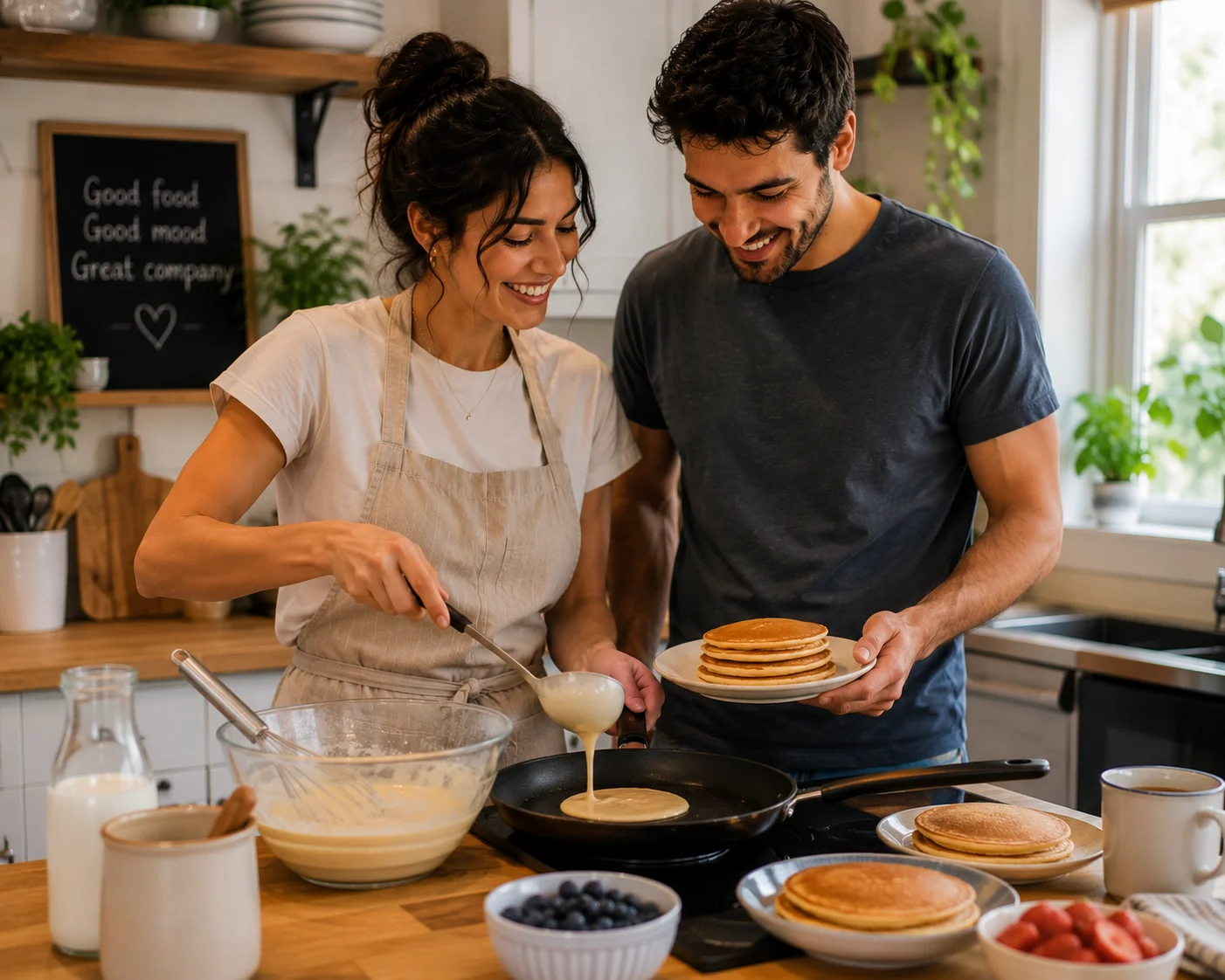 Couple making pancakes together in a home kitchen