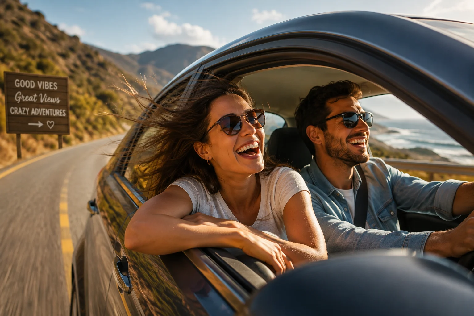 Couple on a road trip with the car windows down
