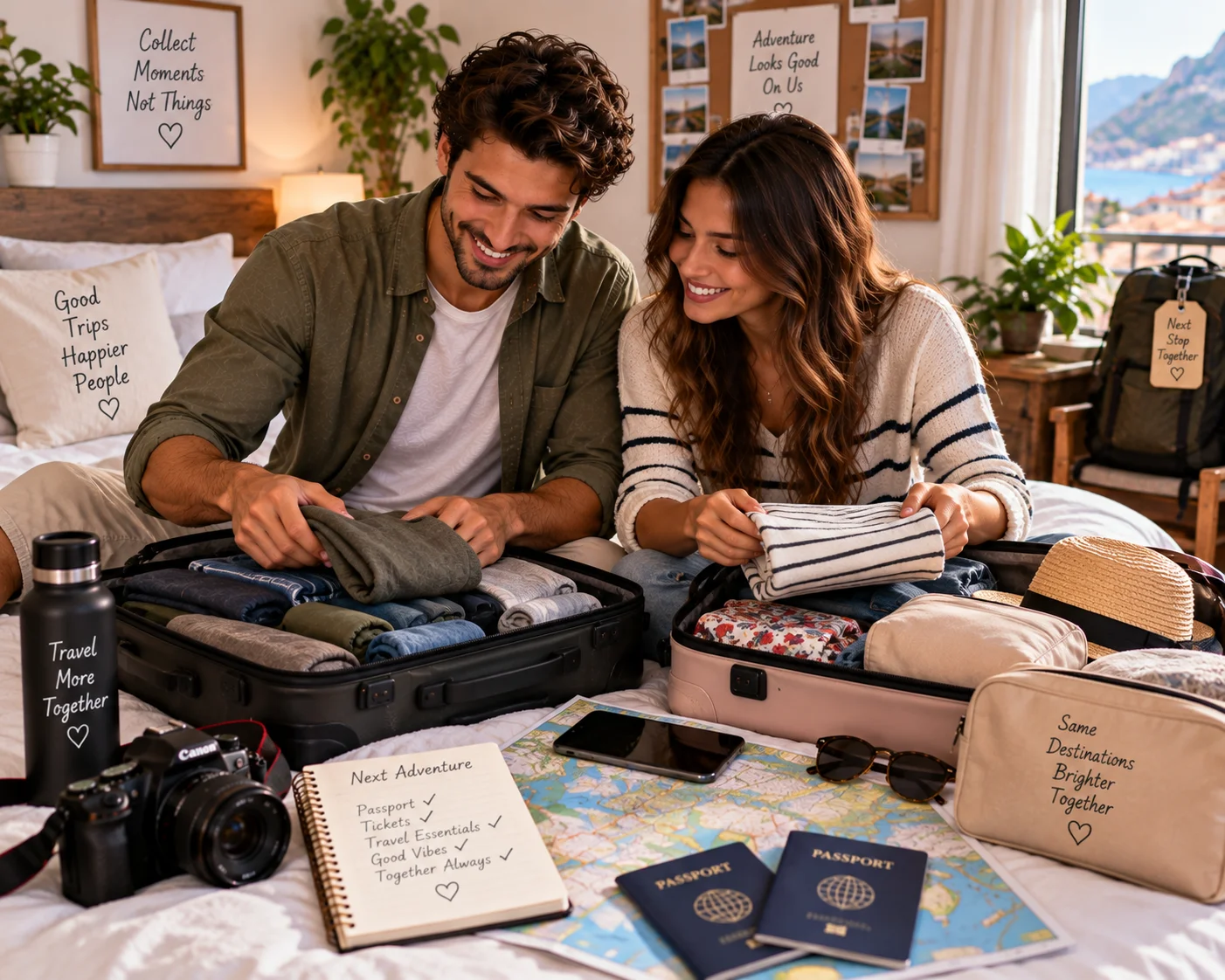 Couple packing suitcases together on a bed before a trip