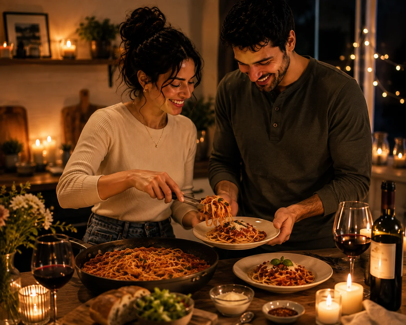 Couple plating a homemade pasta dinner by candlelight