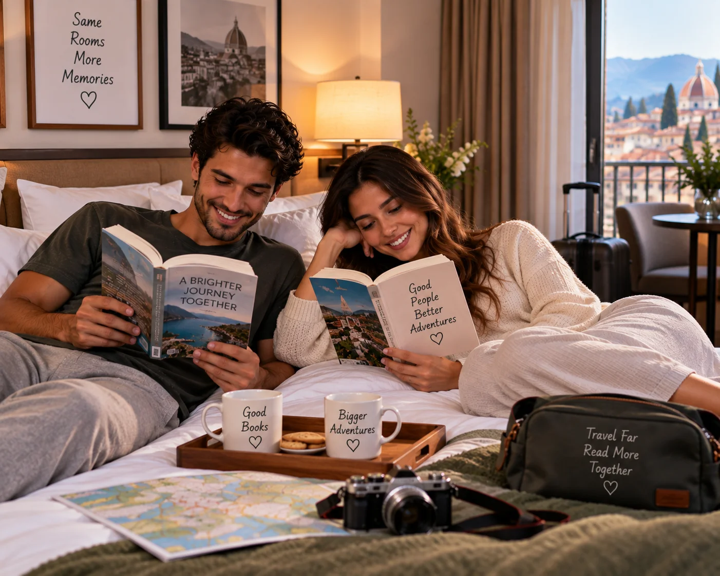 Couple reading books together in a hotel room