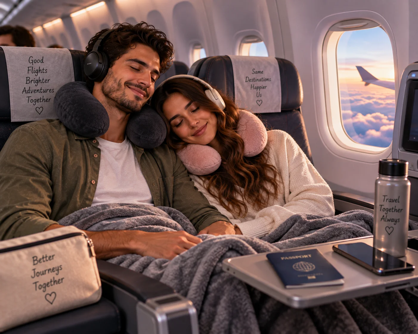 Couple relaxing on a long flight with travel pillows and headphones