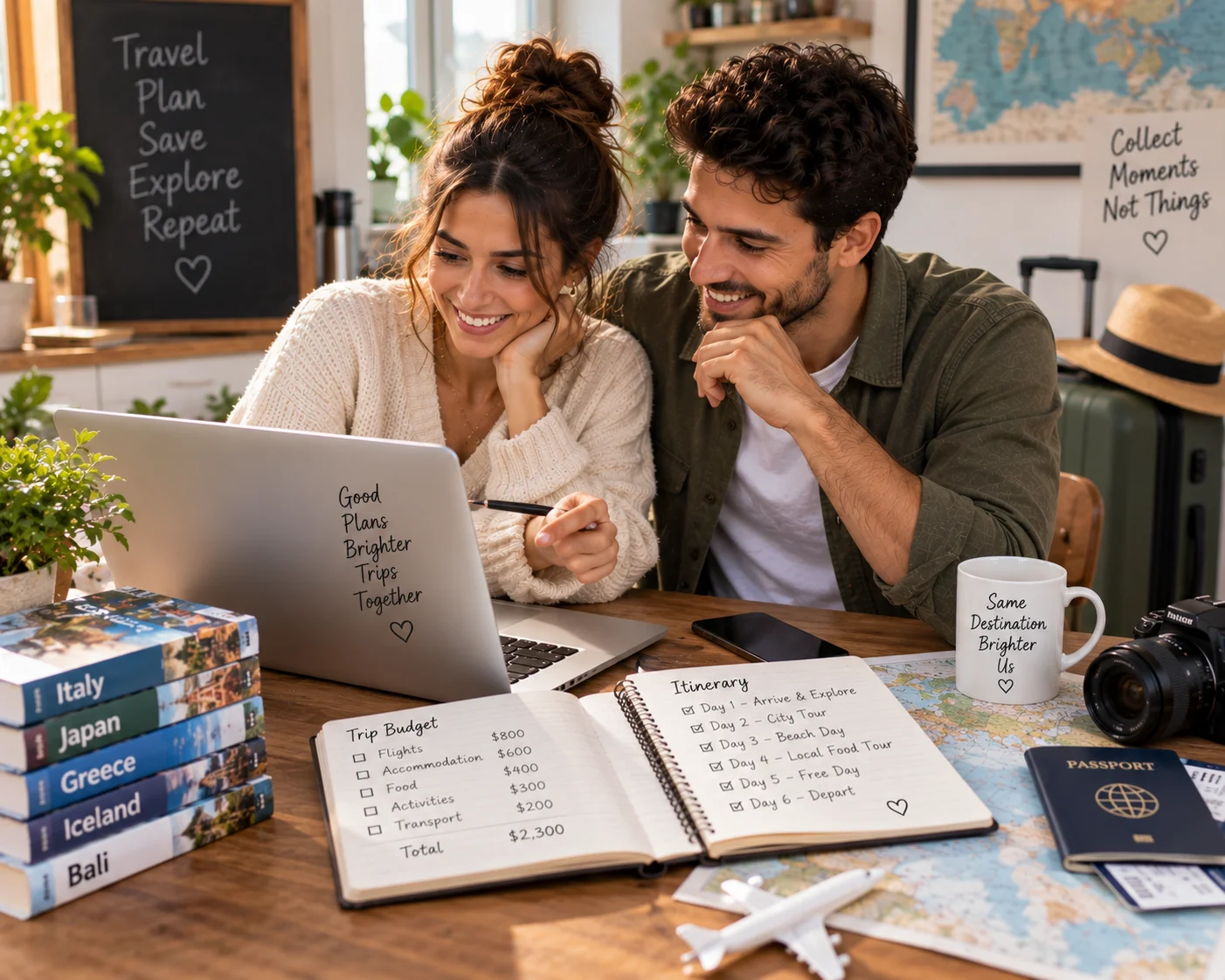 Couple reviewing a travel budget and itinerary on a laptop