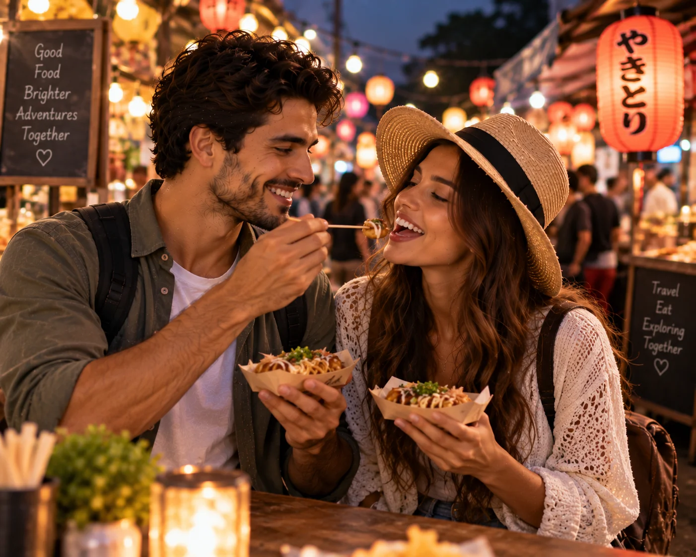Couple sharing street food at an outdoor night market