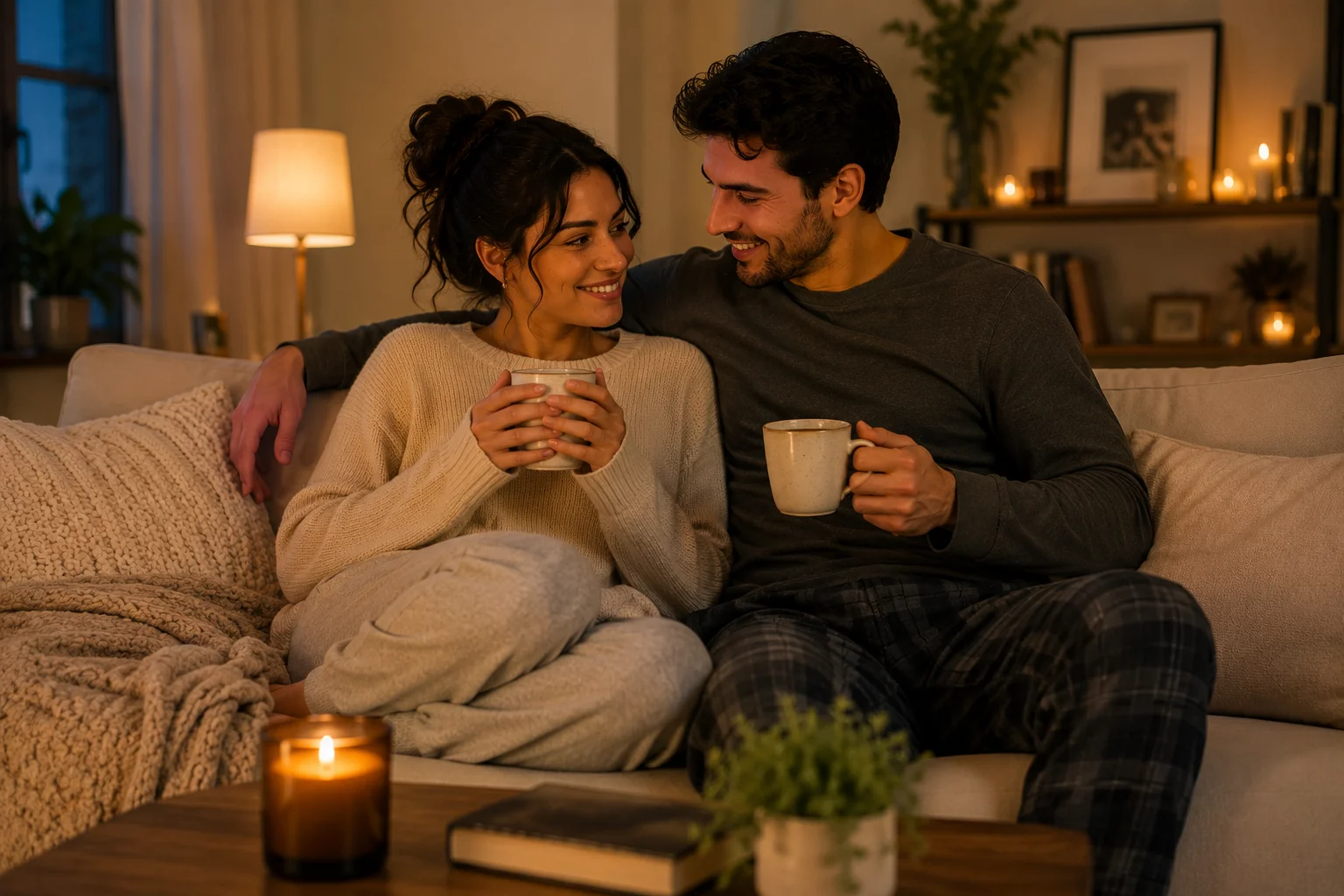 Couple sitting together on a couch with tea, relaxing after a long day