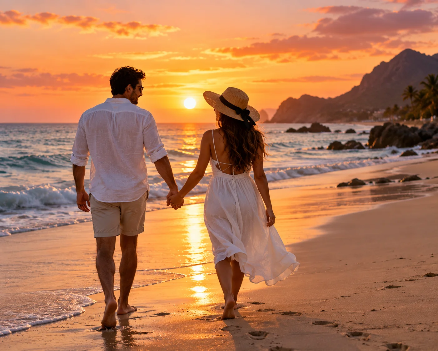 Couple walking hand in hand along a beach at sunset