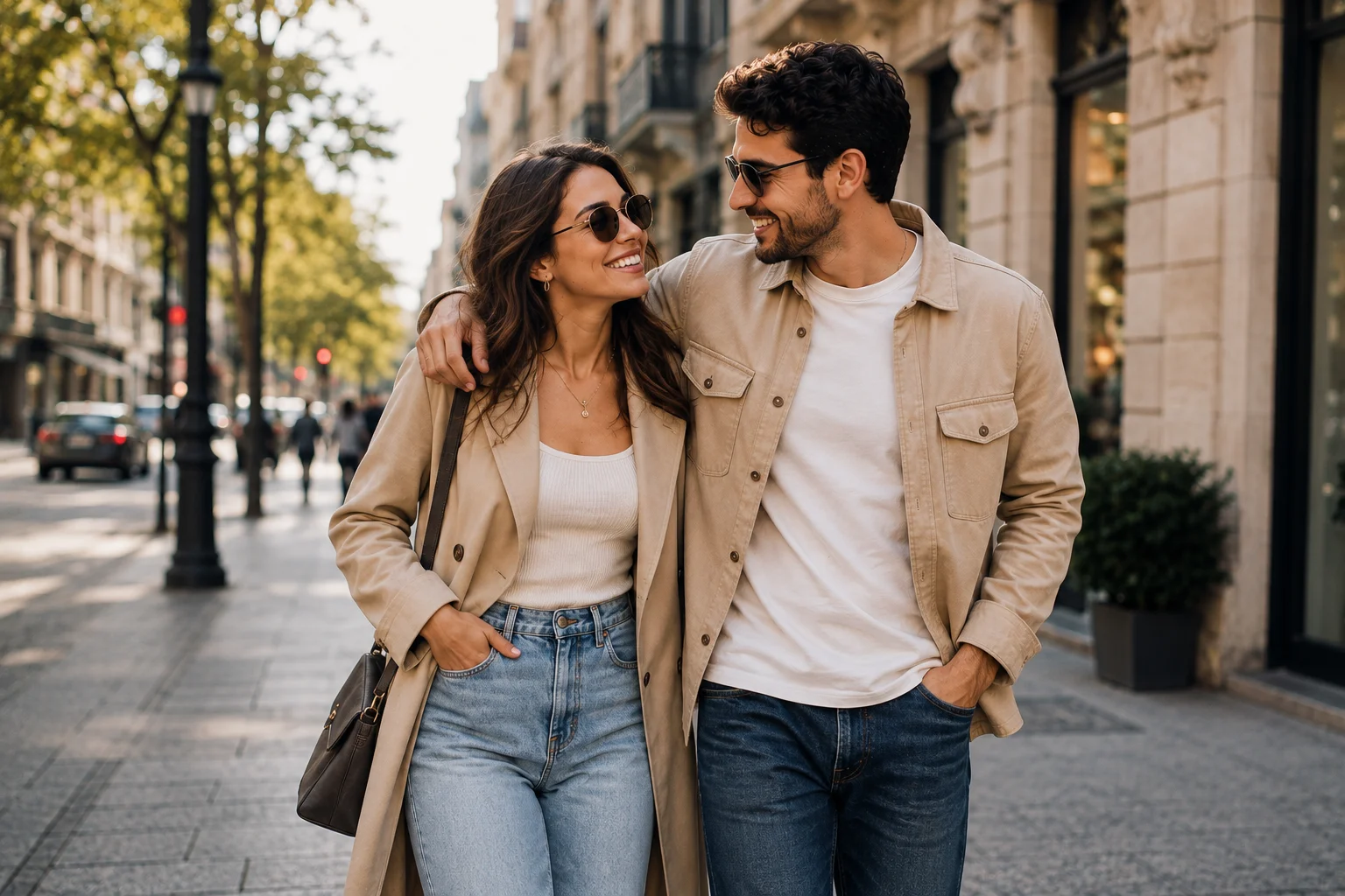 Couple walking together in casual coordinated outfits on a city street