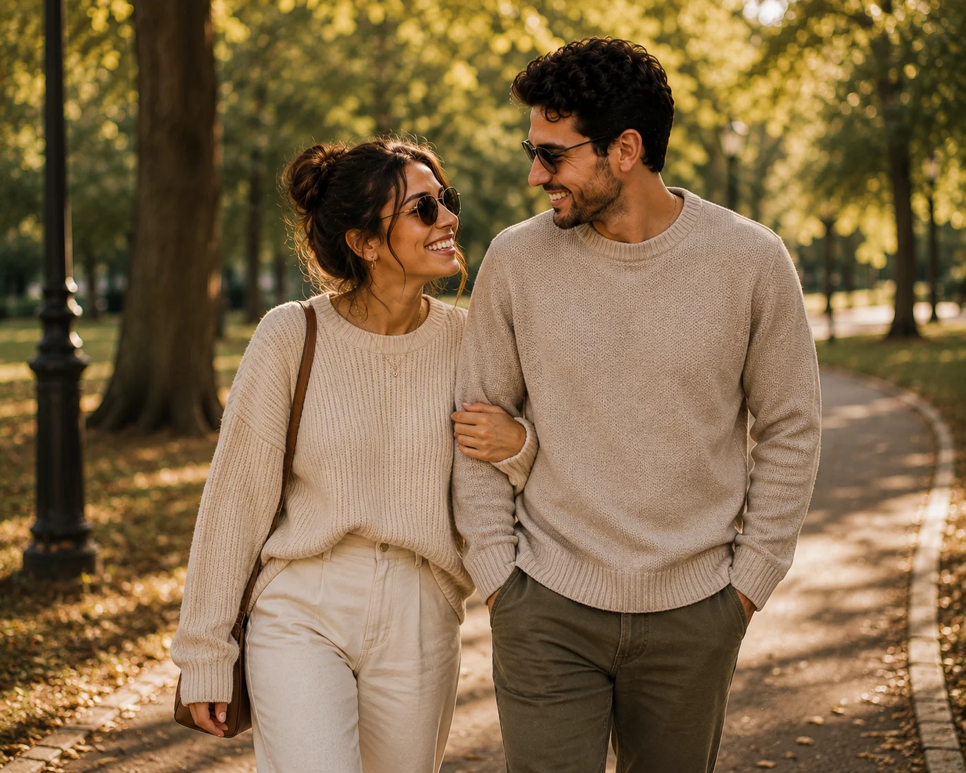 Couple wearing neutral-toned sweaters walking in a park